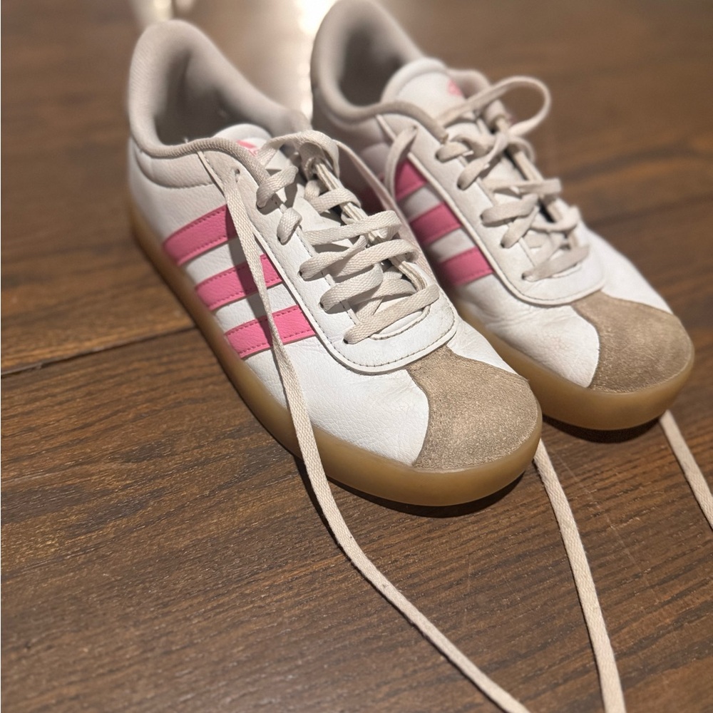 adidas Kids White Sneakers with Pink Stripes and Gum Sole